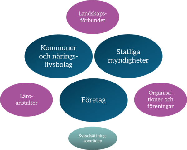 Centrala aktörer för att främja av prioriteringen Diversifierat och förnyande närings-liv är, förutom företag, kommuner, statliga myndigheter och speciellt livskraftcen-traler, även landskapsförbundet, utbildningsaktörer samt organisationer och före-ningar
